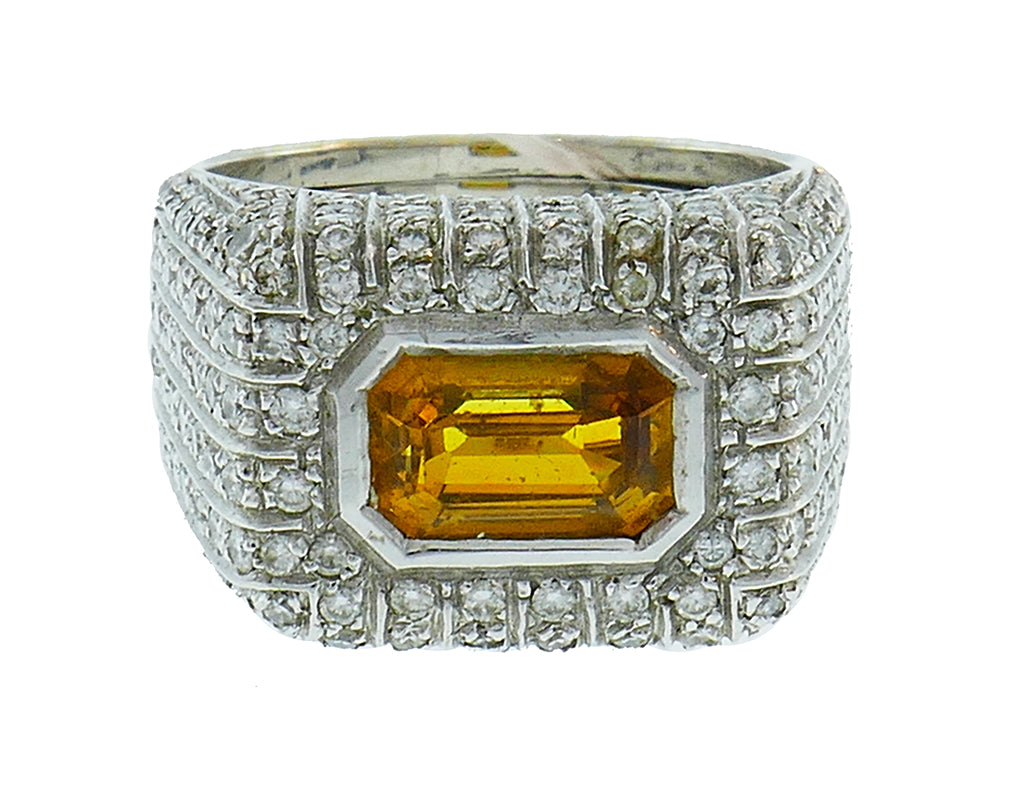 Vintage Yellow Sapphire Diamond 18k White Gold Ring Italy