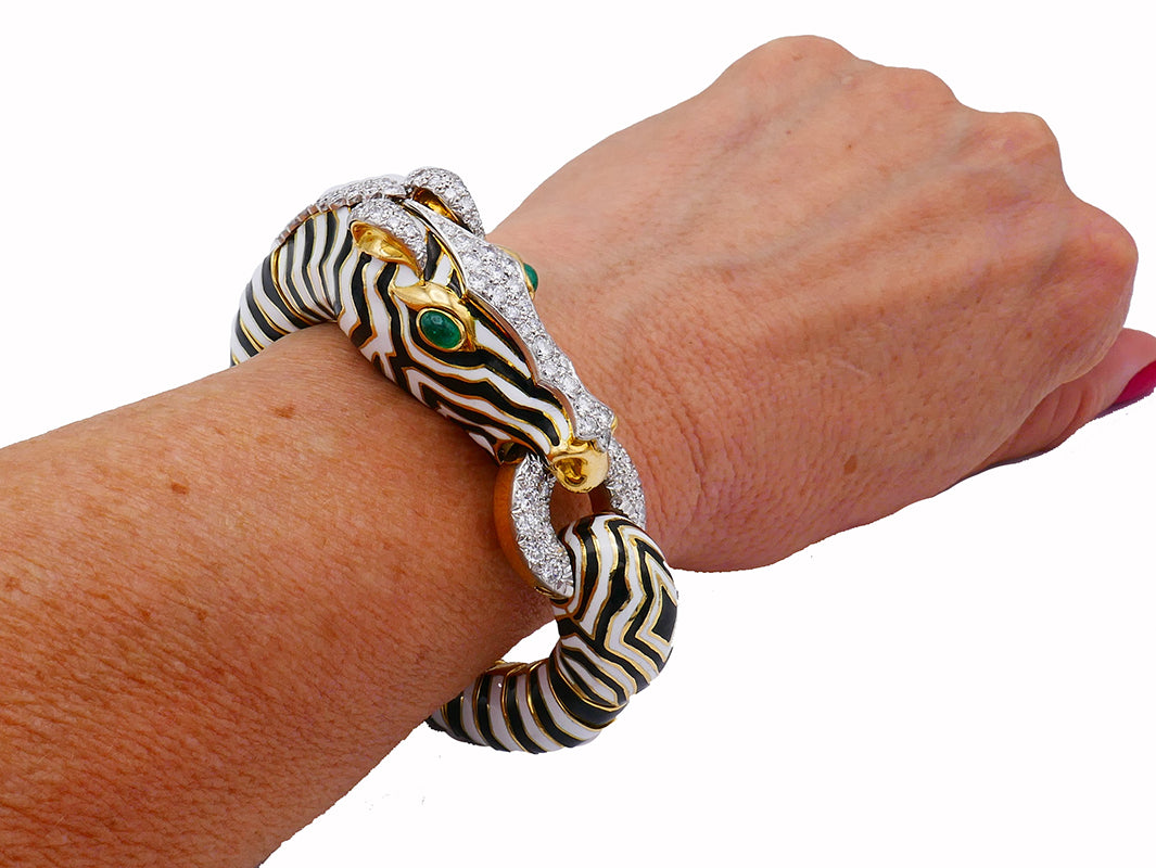 Vintage David Webb 18k Gold Zebra Bangle Bracelet Diamond Emerald Enamel