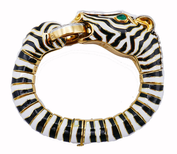 Vintage David Webb 18k Gold Zebra Bangle Bracelet Diamond Emerald Enamel