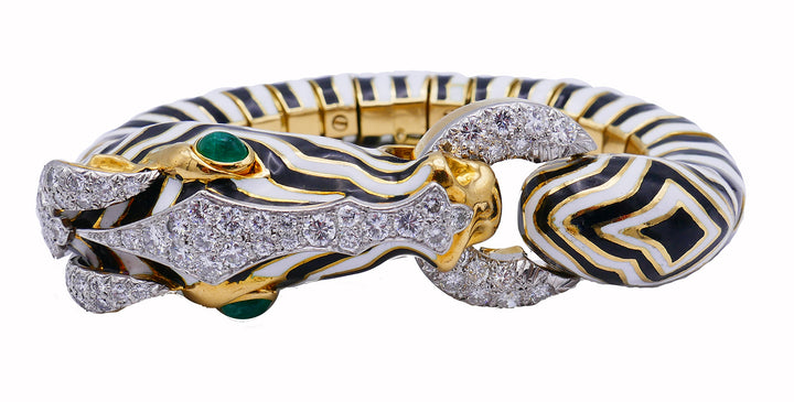 Vintage David Webb 18k Gold Zebra Bangle Bracelet Diamond Emerald Enamel