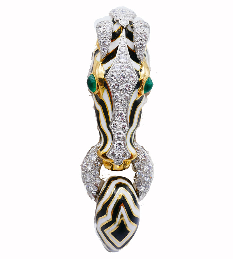 Vintage David Webb 18k Gold Zebra Bangle Bracelet Diamond Emerald Enamel