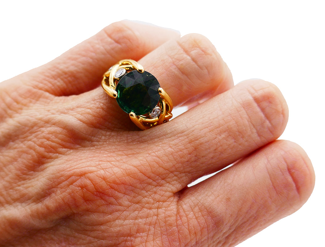 Vintage Green Tourmaline Diamond 18k Yellow Gold Ring French Signed BJ