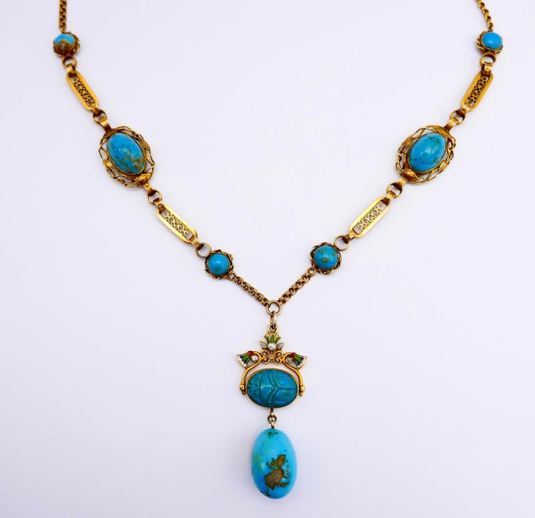 Antique Yellow Gold Diamond Enamel Turquoise Scarab Necklace