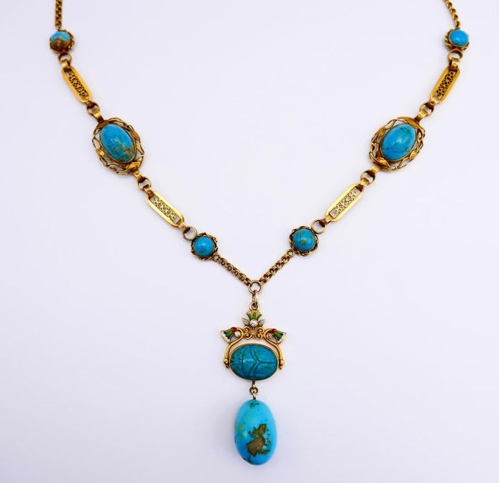 Antique Yellow Gold Diamond Enamel Turquoise Scarab Necklace