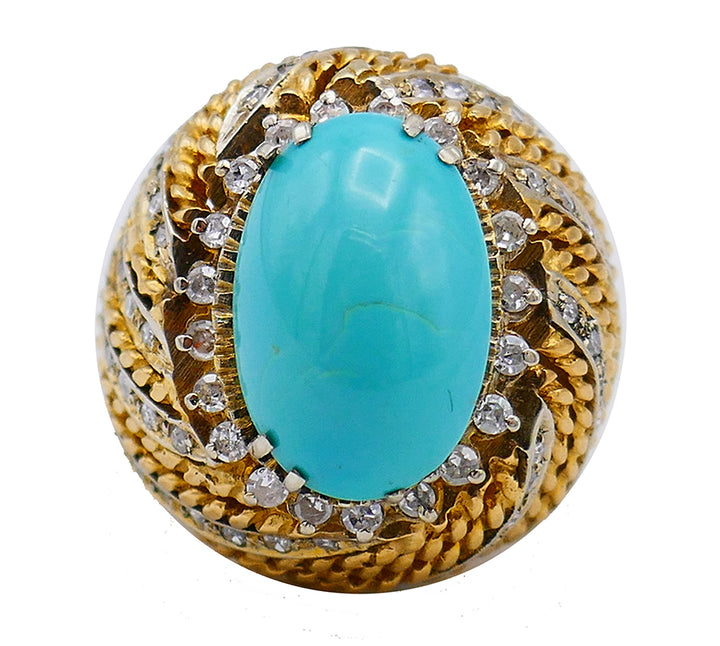 Vintage Turquoise Ring 18k Gold Diamond French Signed SC