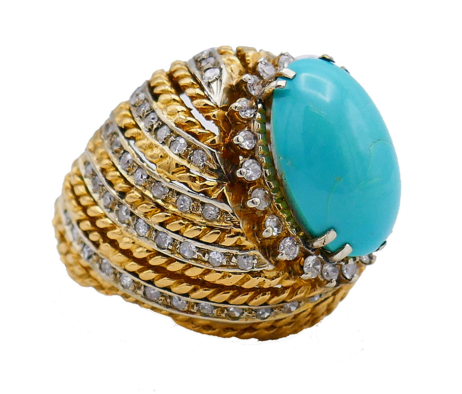 Vintage Turquoise Ring 18k Gold Diamond French Signed SC