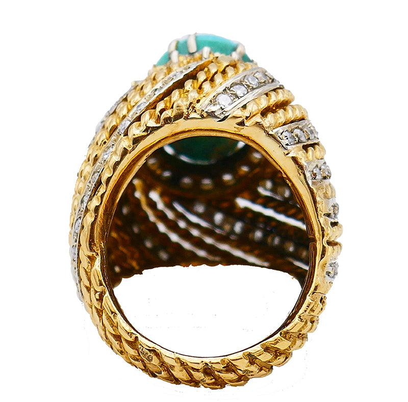 Vintage Turquoise Ring 18k Gold Diamond French Signed SC