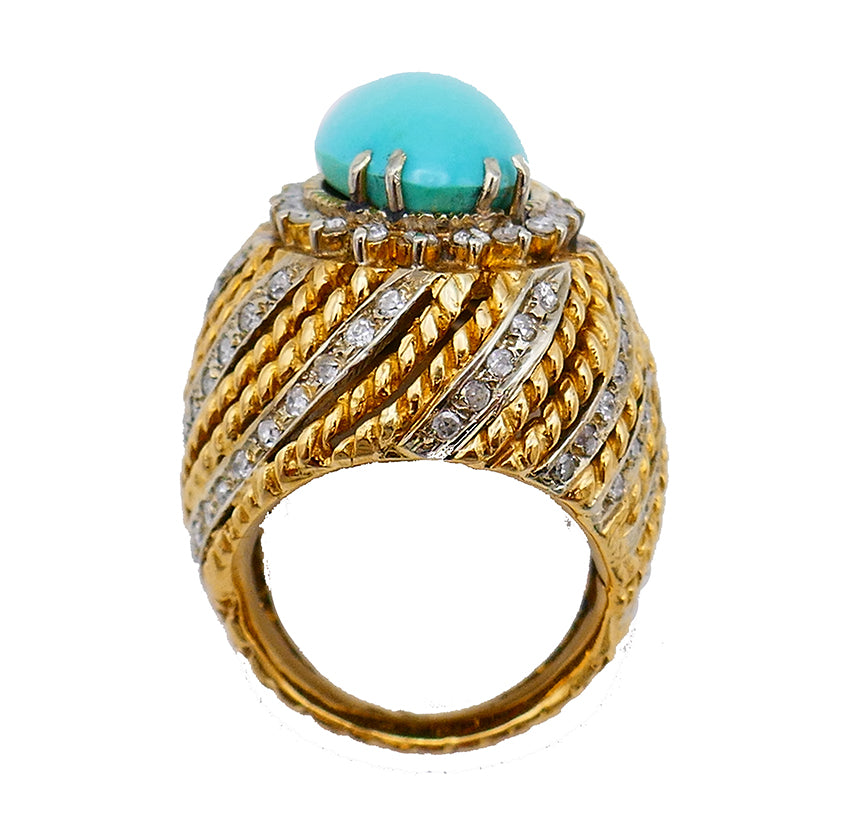 Vintage Turquoise Ring 18k Gold Diamond French Signed SC