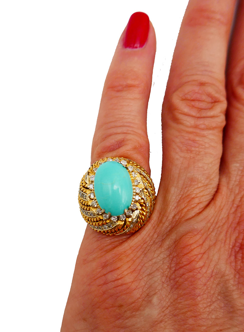 Vintage Turquoise Ring 18k Gold Diamond French Signed SC