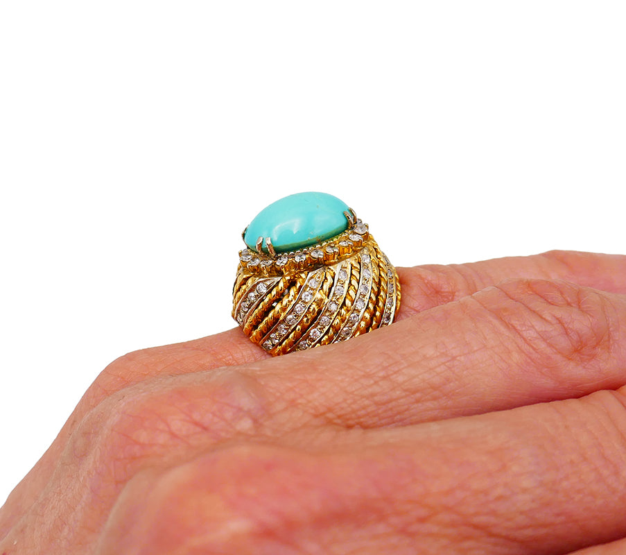 Vintage Turquoise Ring 18k Gold Diamond French Signed SC