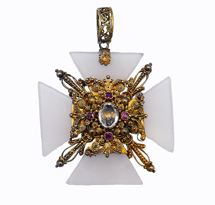 Victorian 14k Gold Multi-Gems Maltese Cross Pendant Antique