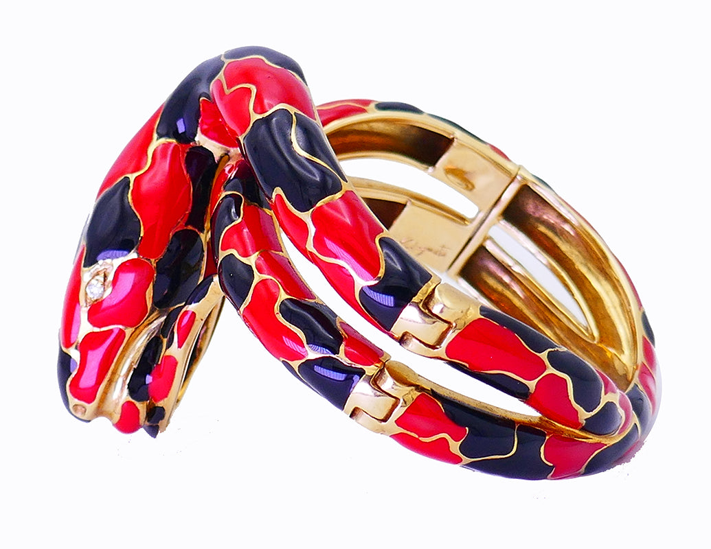 Vintage Codognato Enamel 18k Gold Snake Bangle Bracelet