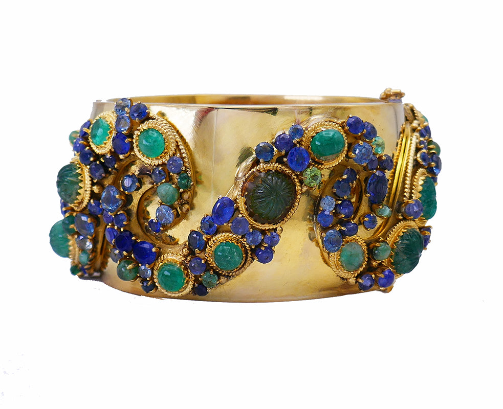 Vintage 14k Gold Bangle Bracelet Emerald Sapphire