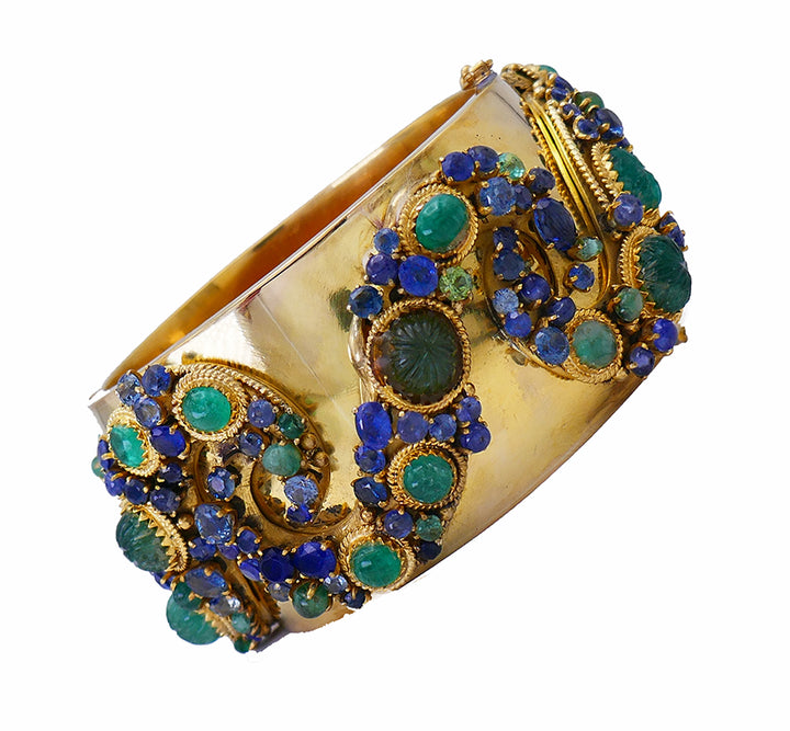 Vintage 14k Gold Bangle Bracelet Emerald Sapphire