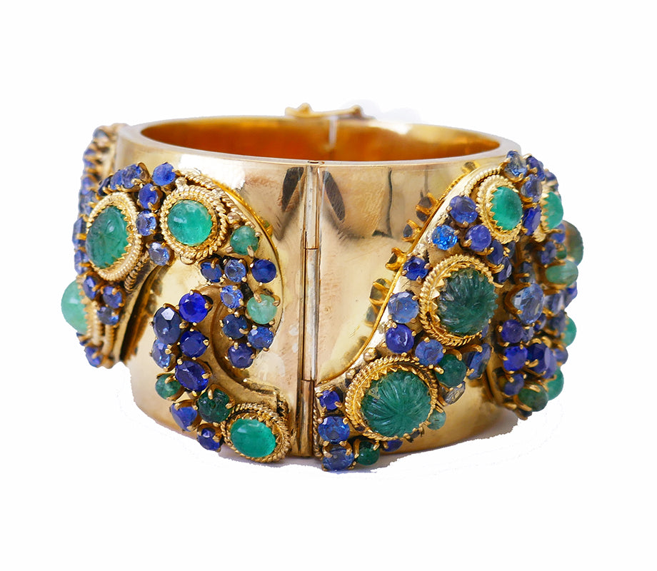 Vintage 14k Gold Bangle Bracelet Emerald Sapphire