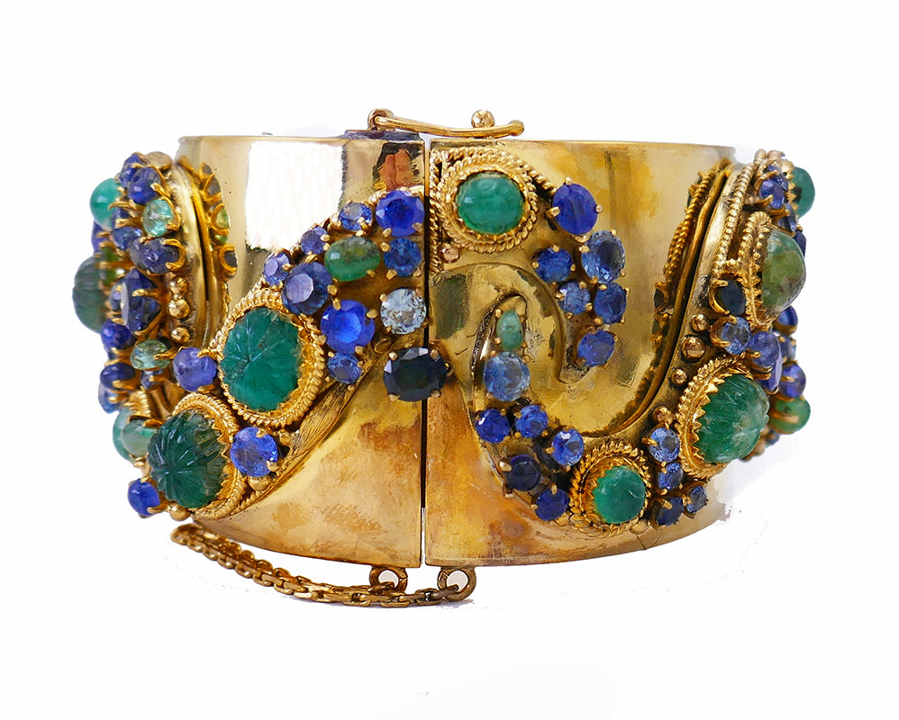 Vintage 14k Gold Bangle Bracelet Emerald Sapphire