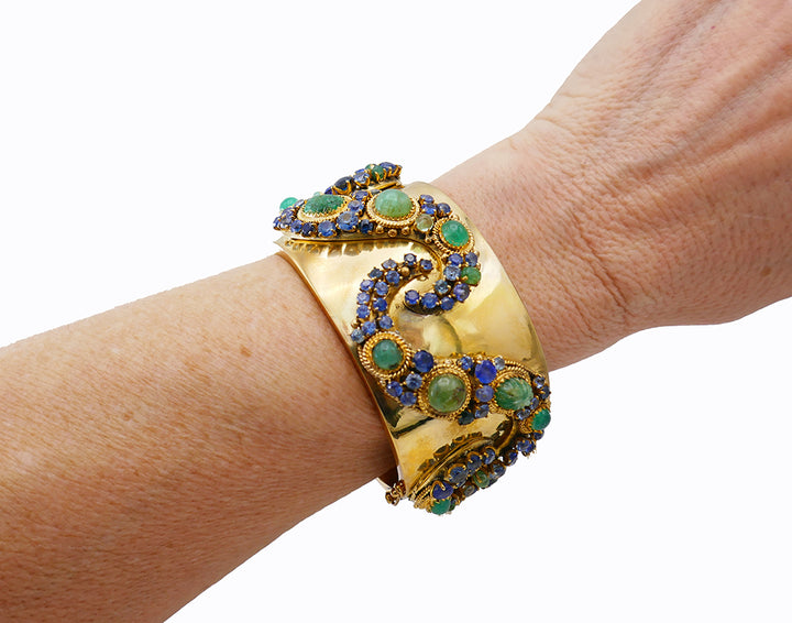 Vintage 14k Gold Bangle Bracelet Emerald Sapphire