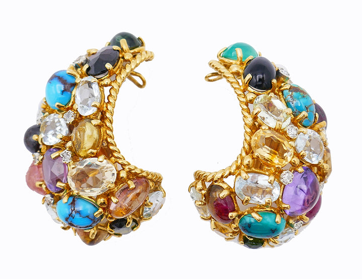 Vintage French 18k Gold Gemstones Earrings Signed MBM