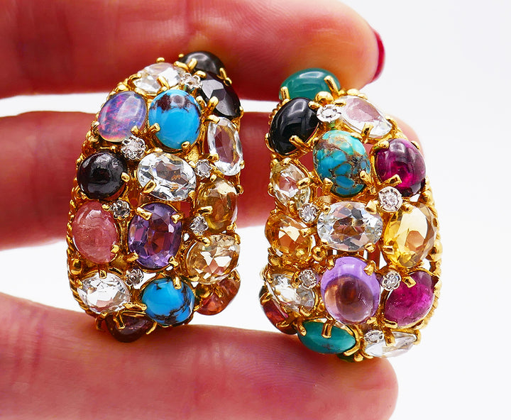 Vintage French 18k Gold Gemstones Earrings Signed MBM