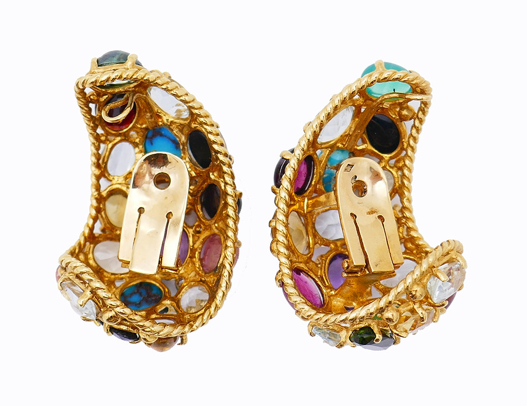 Vintage French 18k Gold Gemstones Earrings Signed MBM