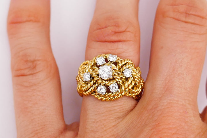 French Vintage Diamond Gold Braided Rope Ring