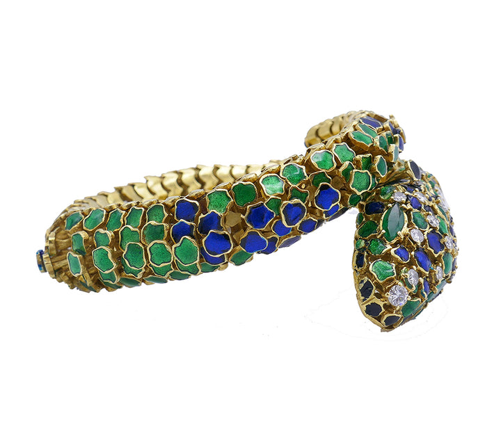 Vintage Snake Bracelet 18k Gold Enamel Jewelry Signed JR