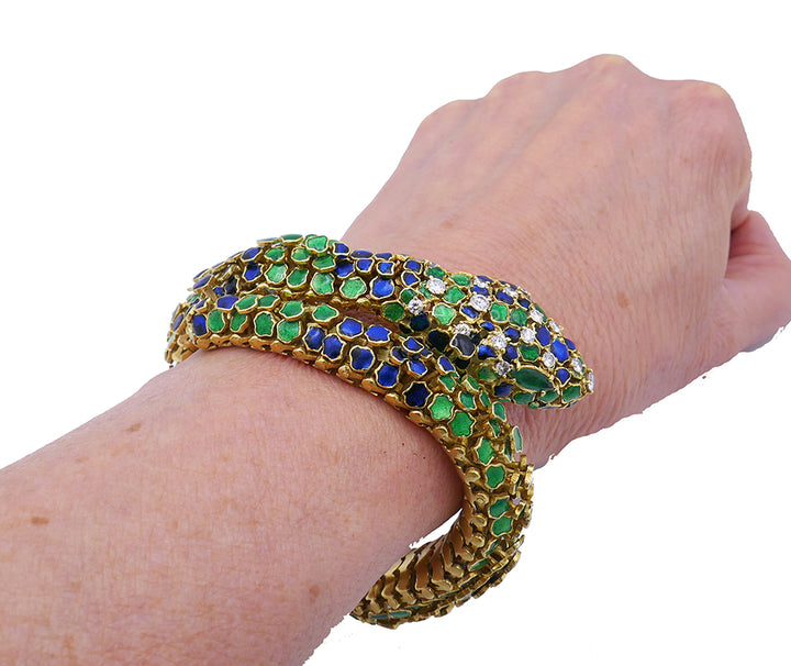 Vintage Snake Bracelet 18k Gold Enamel Jewelry Signed JR