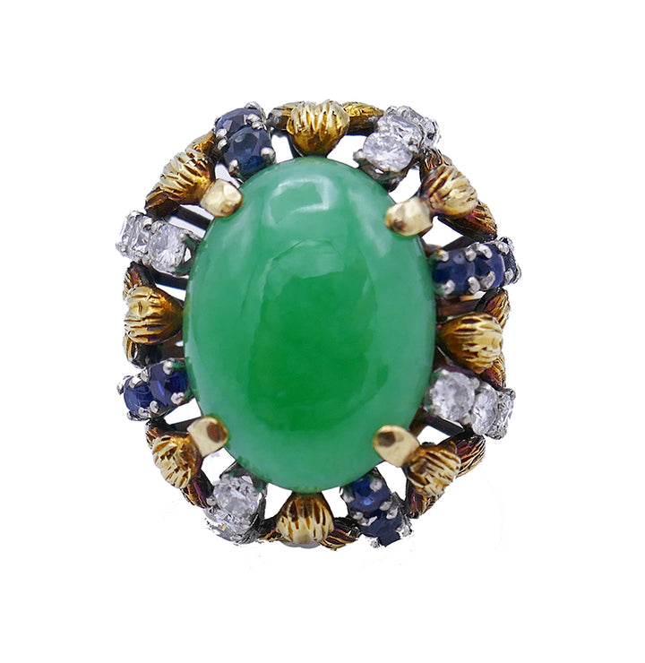 Vintage Ring 14k Gold Jade Diamond Sapphire Estate Jewelry