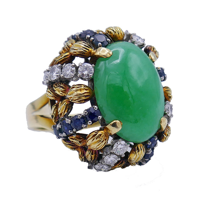 Vintage Ring 14k Gold Jade Diamond Sapphire Estate Jewelry