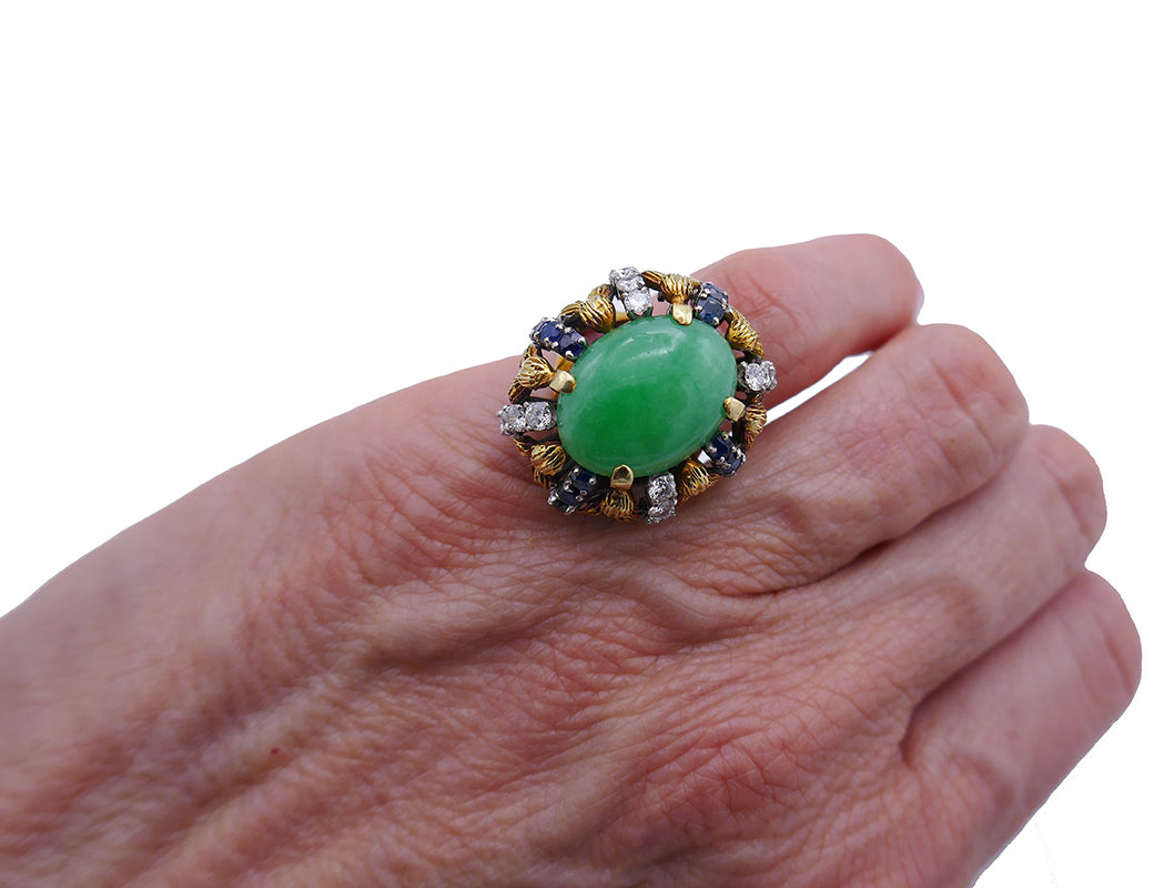 Vintage Ring 14k Gold Jade Diamond Sapphire Estate Jewelry