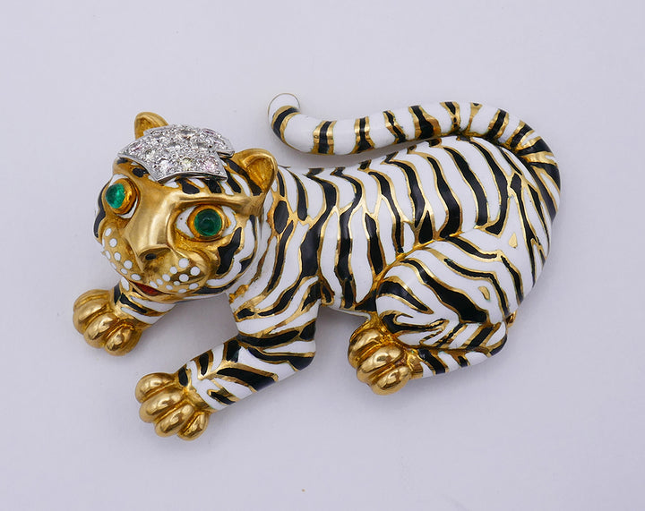 Vintage David Webb Pin Brooch Clip 18k Gold Enamel Tiger