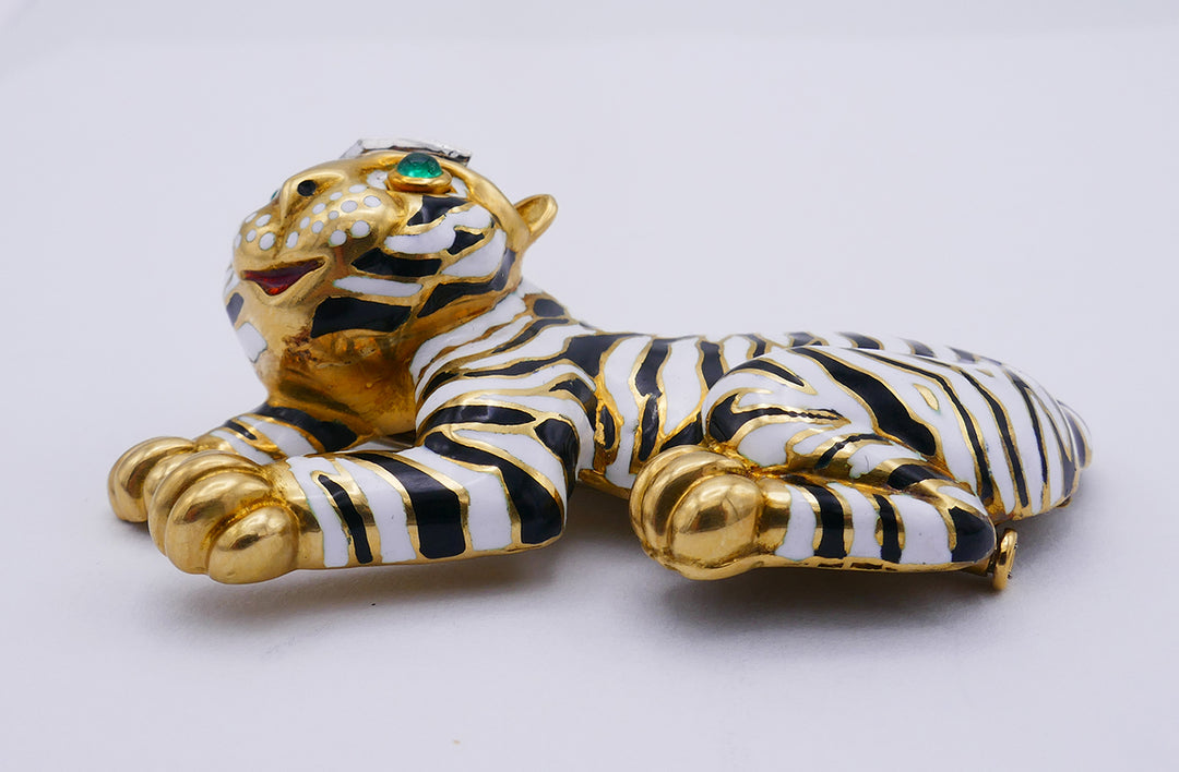 Vintage David Webb Pin Brooch Clip 18k Gold Enamel Tiger