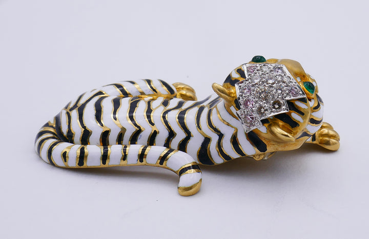 Vintage David Webb Pin Brooch Clip 18k Gold Enamel Tiger