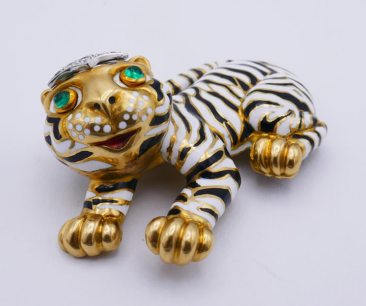 Vintage David Webb Pin Brooch Clip 18k Gold Enamel Tiger