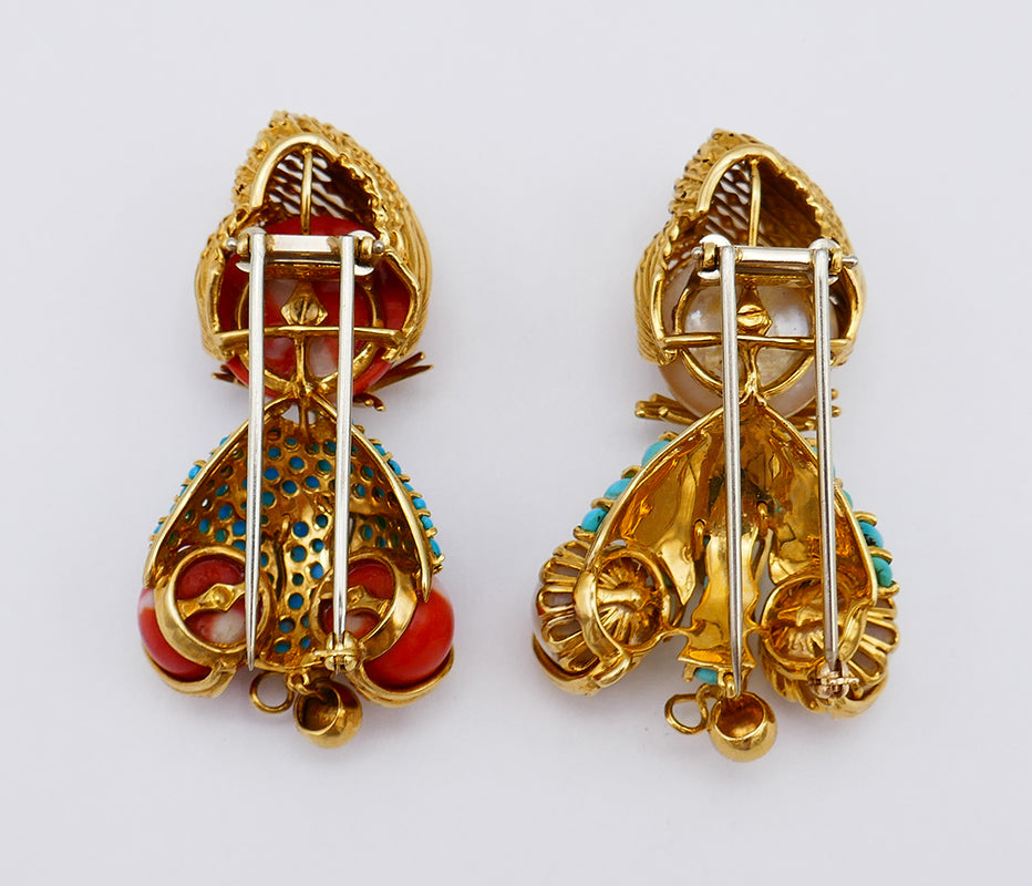 French Vintage Pin Brooch Pair by Dessin 18k Gold Gems