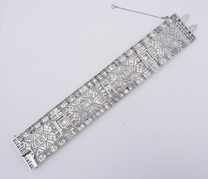 Wide Vintage Diamond Platinum Bracelet Art Deco Revival