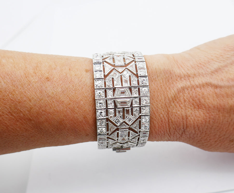 Wide Vintage Diamond Platinum Bracelet Art Deco Revival