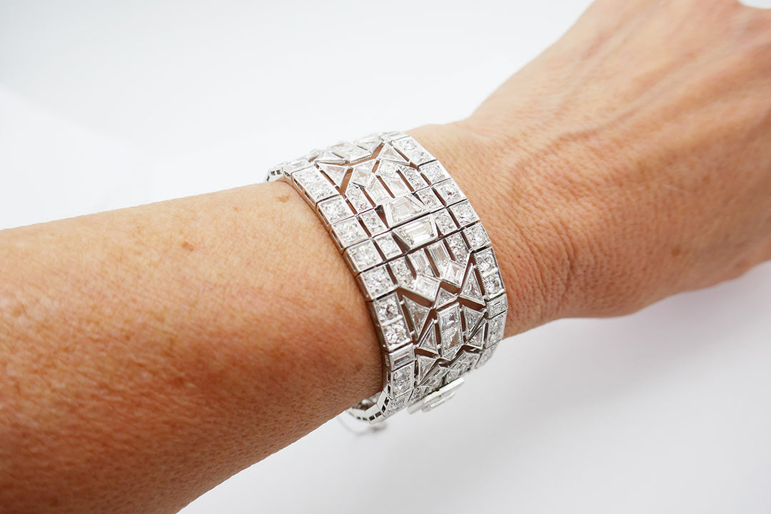 Wide Vintage Diamond Platinum Bracelet Art Deco Revival