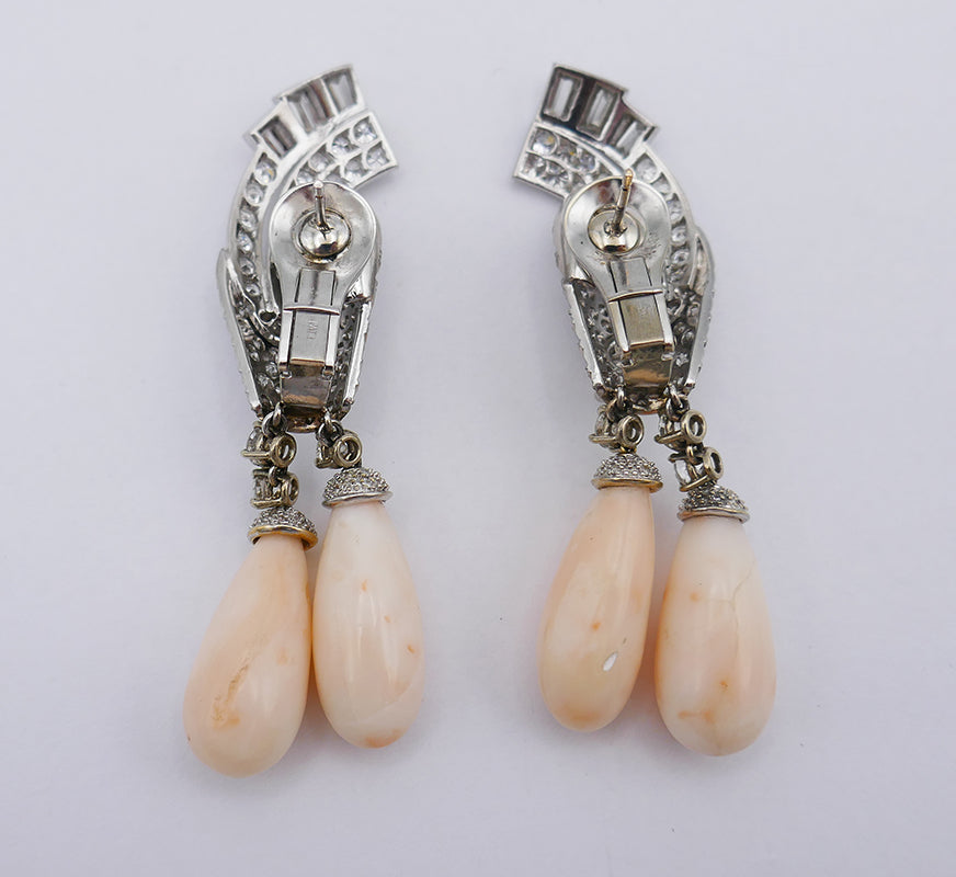 Art Deco Earrings Coral Diamond Platinum Dangle Estate