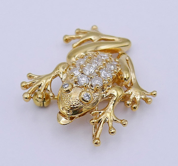 Vintage Frog Pin 14k Gold Diamond Pendant Estate Jewelry