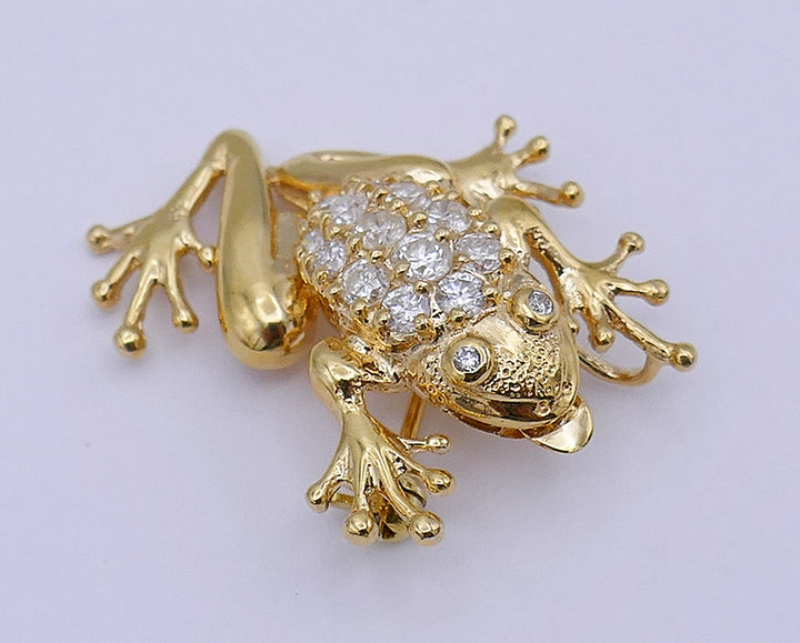 Vintage Frog Pin 14k Gold Diamond Pendant Estate Jewelry