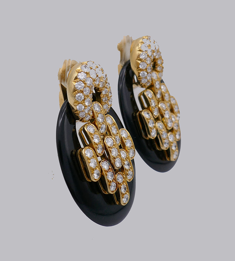 Vintage Boucheron Earrings 18k Gold Diamond Onyx French