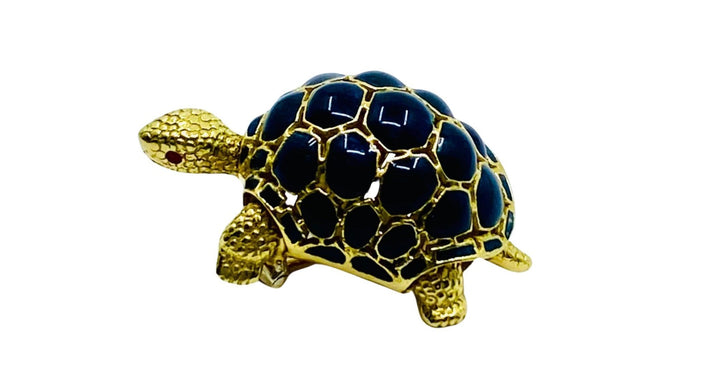 Pomellato Gold Turtle Brooch Blue Enamel