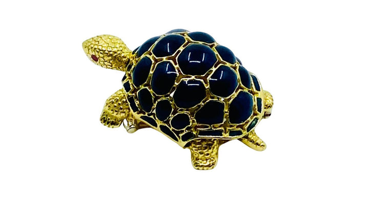 Pomellato Gold Turtle Brooch Blue Enamel