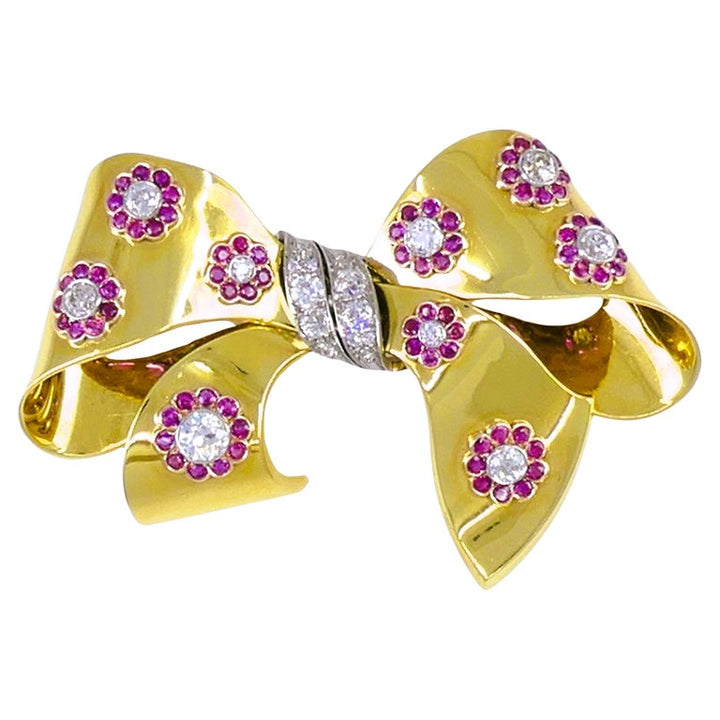 Retro Bow Brooch Pin 18k Gold Ruby Diamond Estate Jewelry