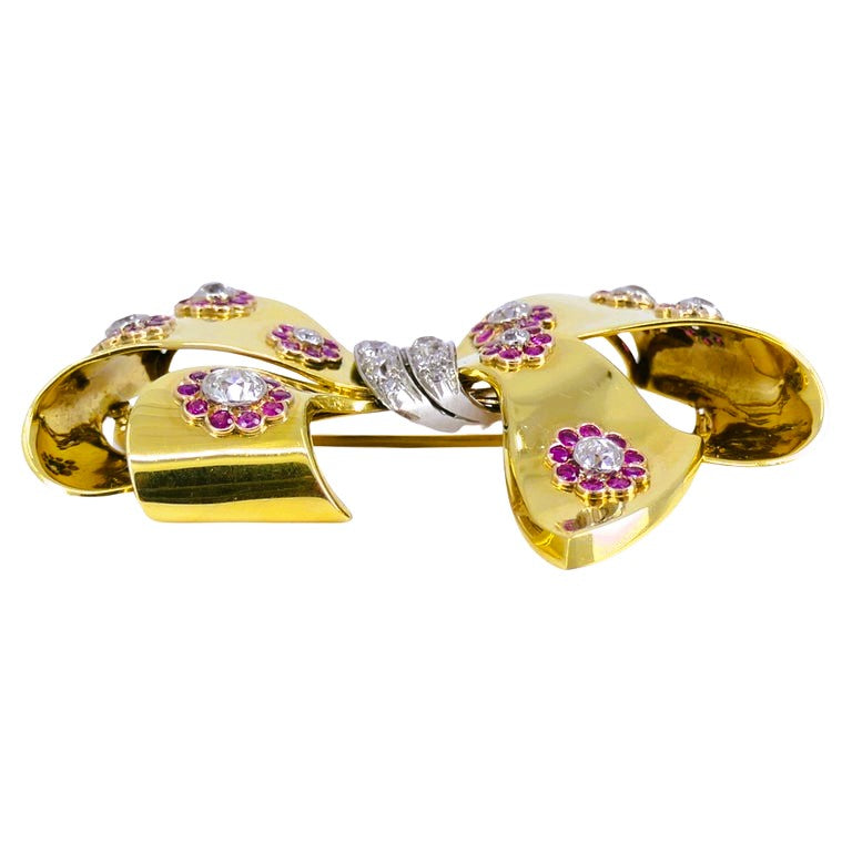 Retro Bow Brooch Pin 18k Gold Ruby Diamond Estate Jewelry