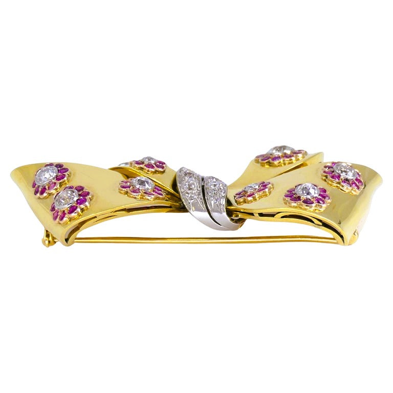 Retro Bow Brooch Pin 18k Gold Ruby Diamond Estate Jewelry