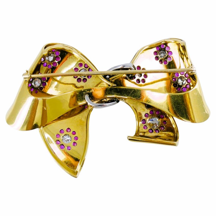 Retro Bow Brooch Pin 18k Gold Ruby Diamond Estate Jewelry