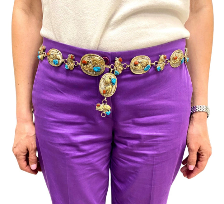 Silver Concho Belt Vintage 12k Gold Coral Turquoise