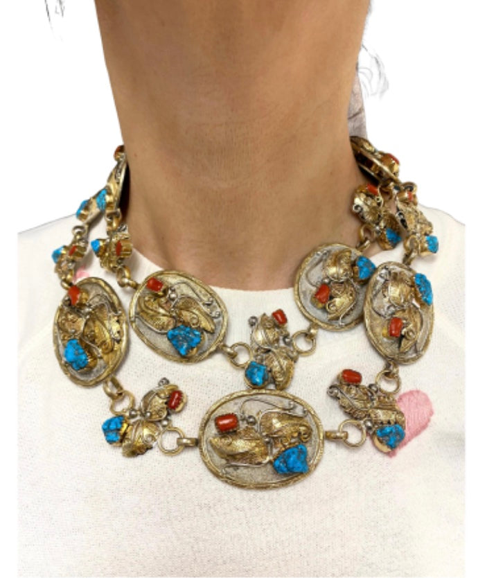 Silver Concho Belt Vintage 12k Gold Coral Turquoise